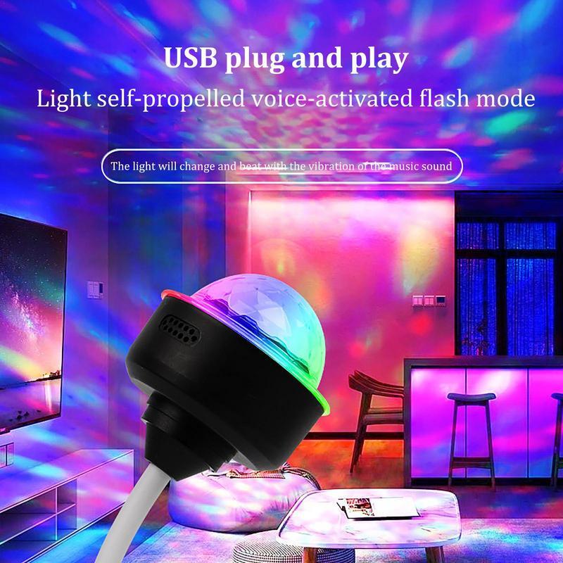 Lumières de fête stroboscopiques RVB, USB, voiture, cristal, ambiance, lumières de scène, boule magique rotative colorée, lumières LED colorées