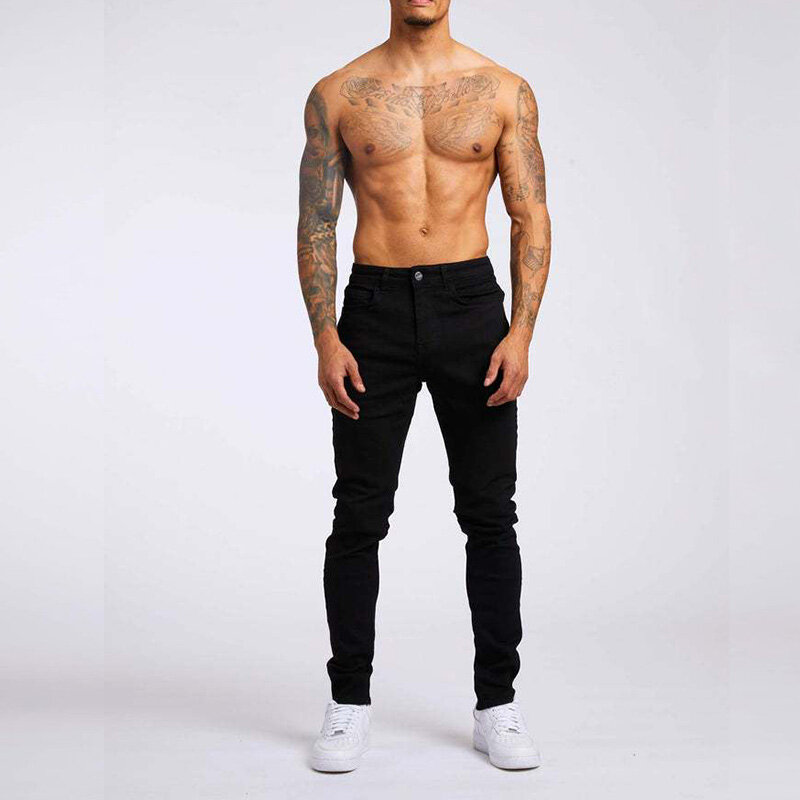 Calças de brim dos homens de comprimento total sólida magro calças de brim de cintura alta fino preto