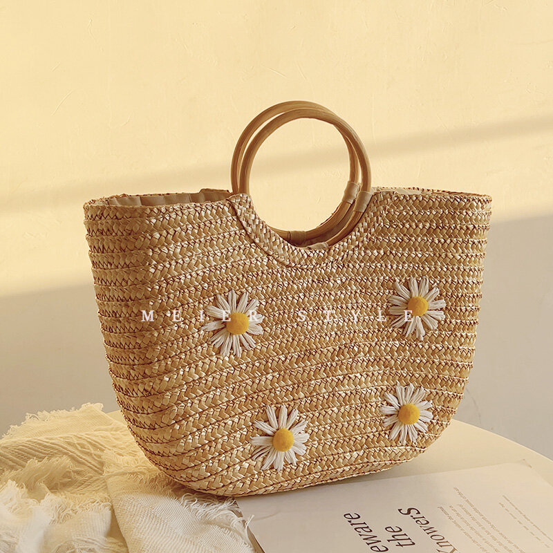 Piccola borsa ad anello in legno di paglia margherita, borsa da spiaggia intrecciata per le vacanze