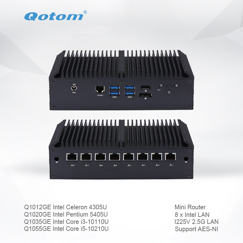 Qotom Mini Pc Q1000GE Celeron Core I3 I5 Met 8 I225V 2.5G Lan AES-NI Fanless Router Computer