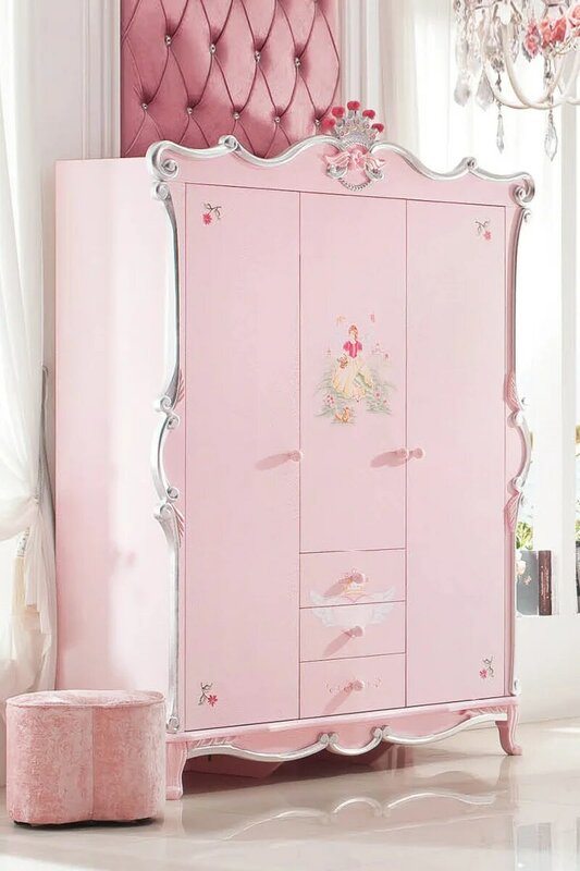 Armoire en bois massif européen pour enfants, armoire peinte française, armoire à trois portes, chambre à coucher villa, championnat rose