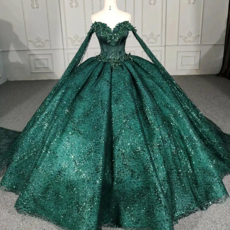 EVLAST-vestido De quinceañera verde esmeralda De lujo, Apliques De encaje con cuentas, capa dulce 16, 15 Años, TQD012