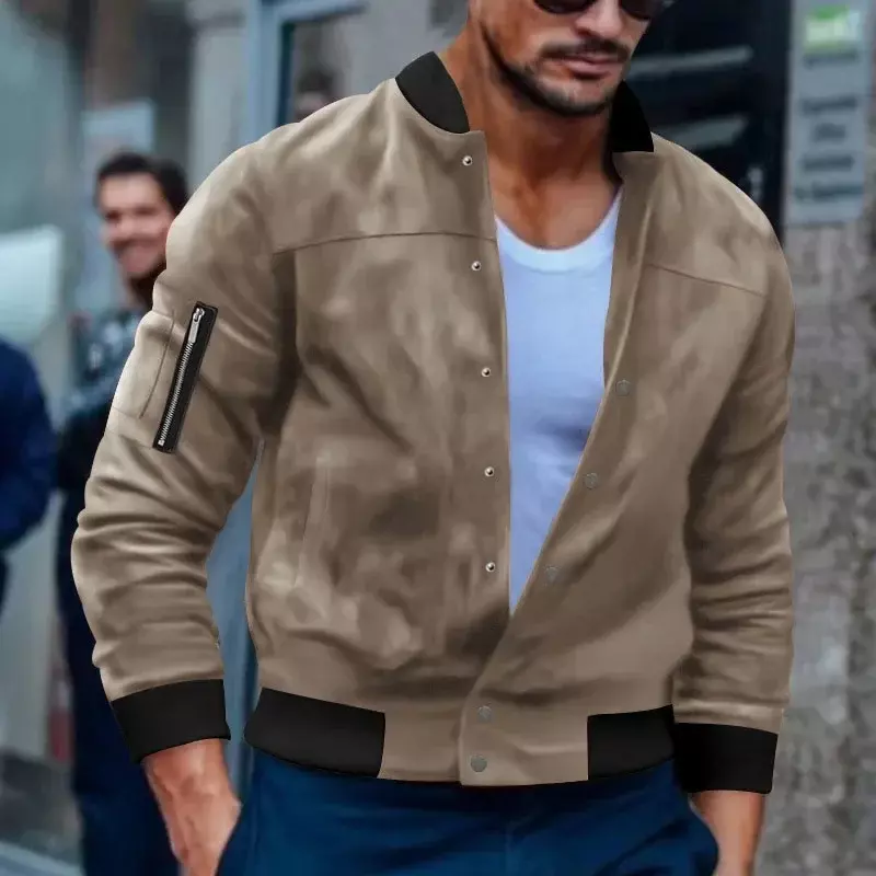 Men's Autumn Winter Suede Jacket Fashion Stand Collar Contrast Color Button Cardigan Versatile Zipper Pocket Men Baseball Jacket