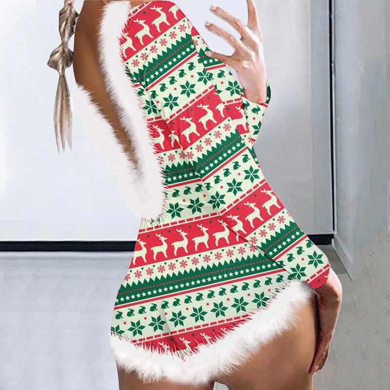 Kerstprint Onesies Voor Dames Casual V-Hals Bodysuit Jumpsuits Met Lange Mouwen Pyjama Romper Kleding Huiskleding Nachtkleding