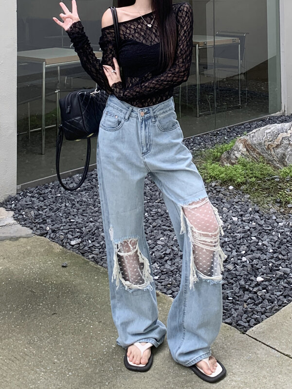 Kobiety Niebieski Vintage Y2k Patchwork Lace Jeans Baggy Harajuku Ripped Denim Trousers Japanese 2000s Style Jean Pants Trashy Clothes