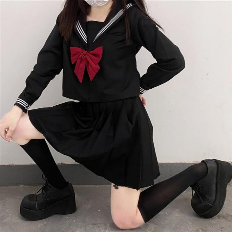 Setelan seragam sekolah Jepang anak perempuan, pakaian lengan panjang wanita, seragam pelaut tiga dasar, dasi merah, ukuran Plus Jk, HITAM