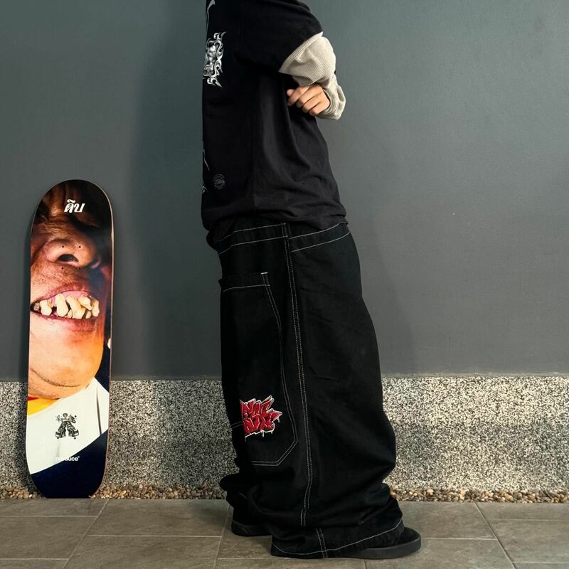 Pantalones vaqueros holgados con bordado de roca Harajuku para mujer, Jeans de pierna ancha de cintura alta Vintage, patrón de calle Y2k, Hip Hop, 3PM