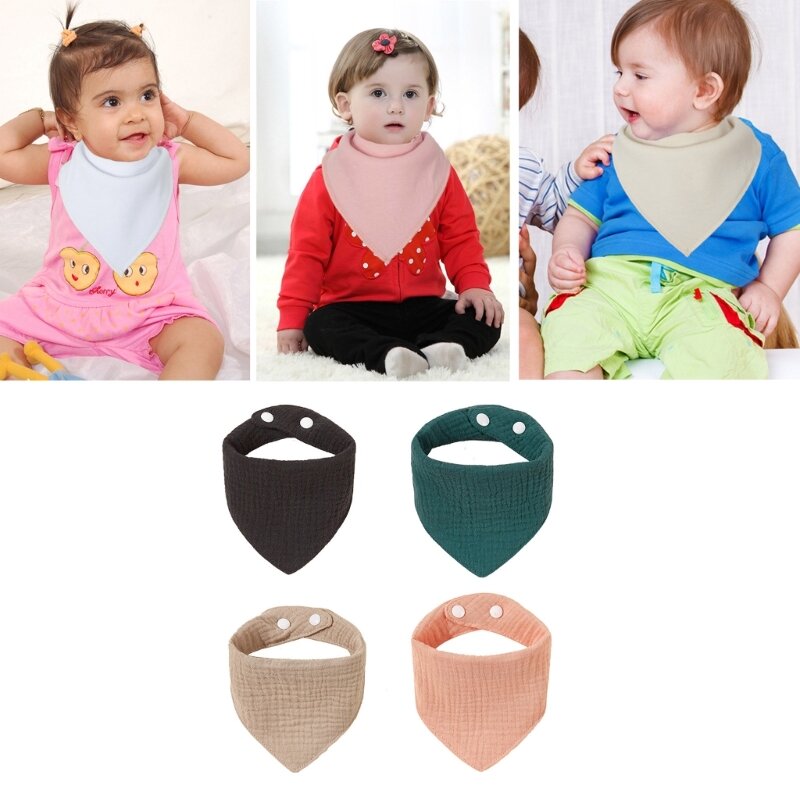 4PCS Cotton Drooling Bibs with Snap Buttons Absorbent Triangled Scarf Feeding Bibs Trend Baby Accessories for Easy Wear