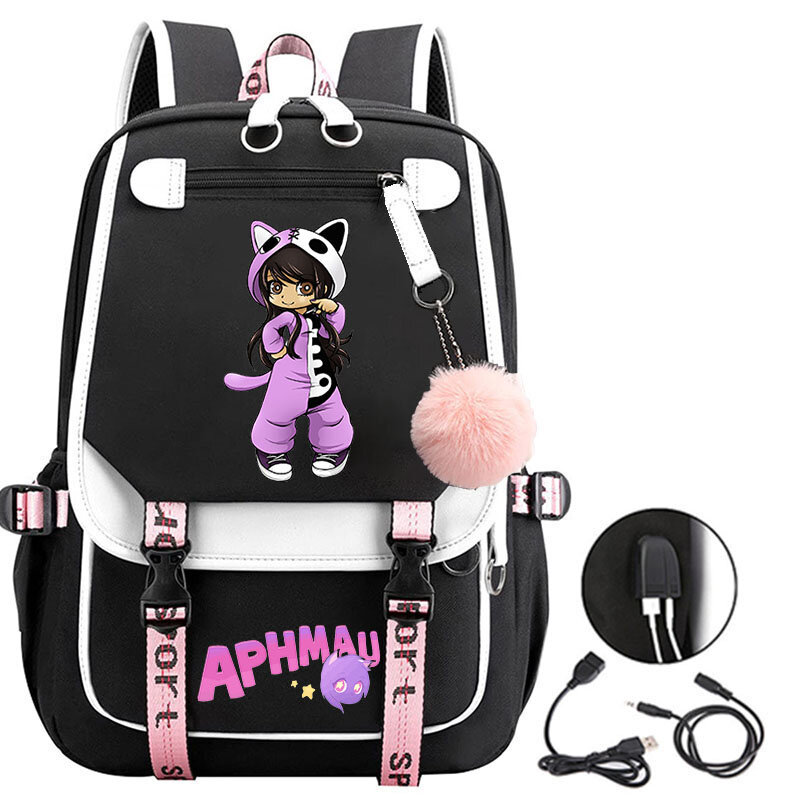 Aphmau-mochila con estampado de dibujos animados para adolescentes, morral con carga Usb para ordenador portátil, informal, para estudiantes, escolar