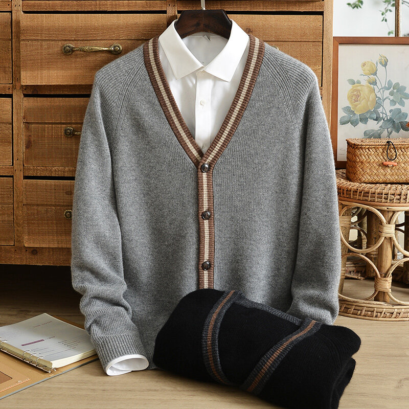 Pure cashmere sweater cardigan men's V-neck middle-aged autumn and winter loose button sweater knitted jacket men's thickening