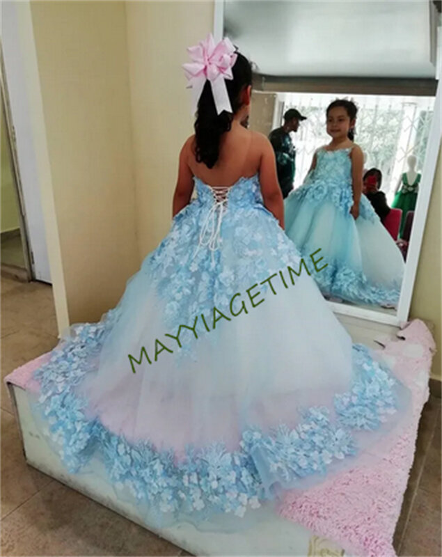 Lace Tulle Princess Flower Girl Dresses For Weddings Puffy Floral Kid Birthday Party Beauty Pageant First Communion Ball Gowns