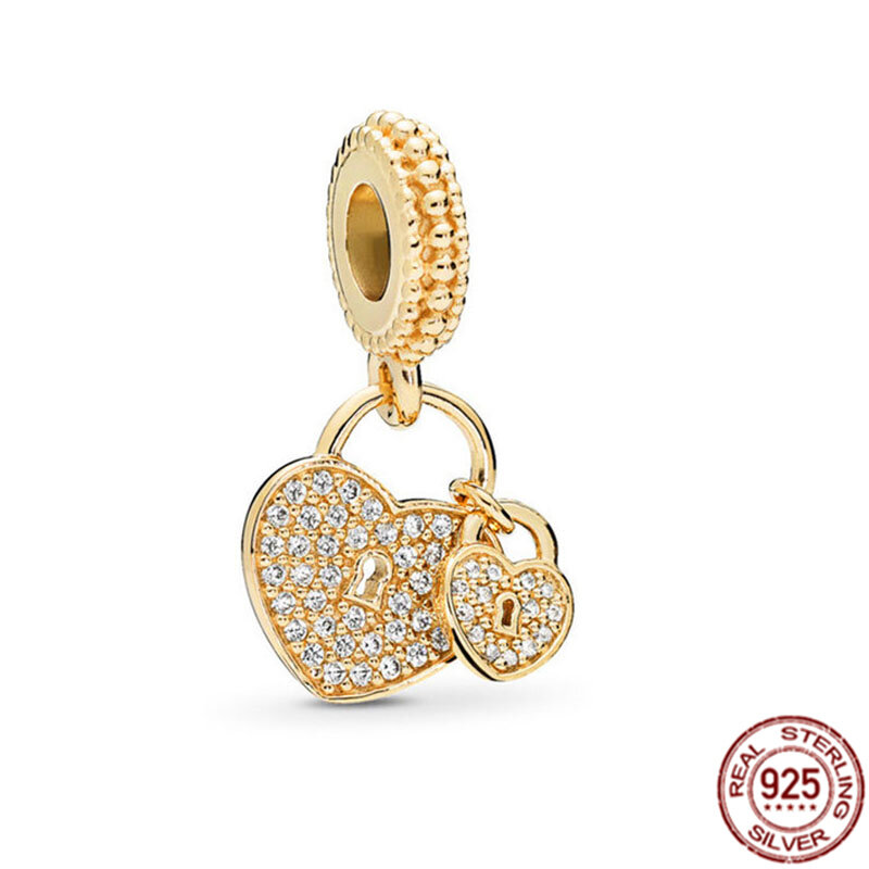 Autentik 925 perak murni berlapis emas cetakan kaki berkilau & meratakan manik-manik jimat Hati cocok asli perhiasan gelang Pandora
