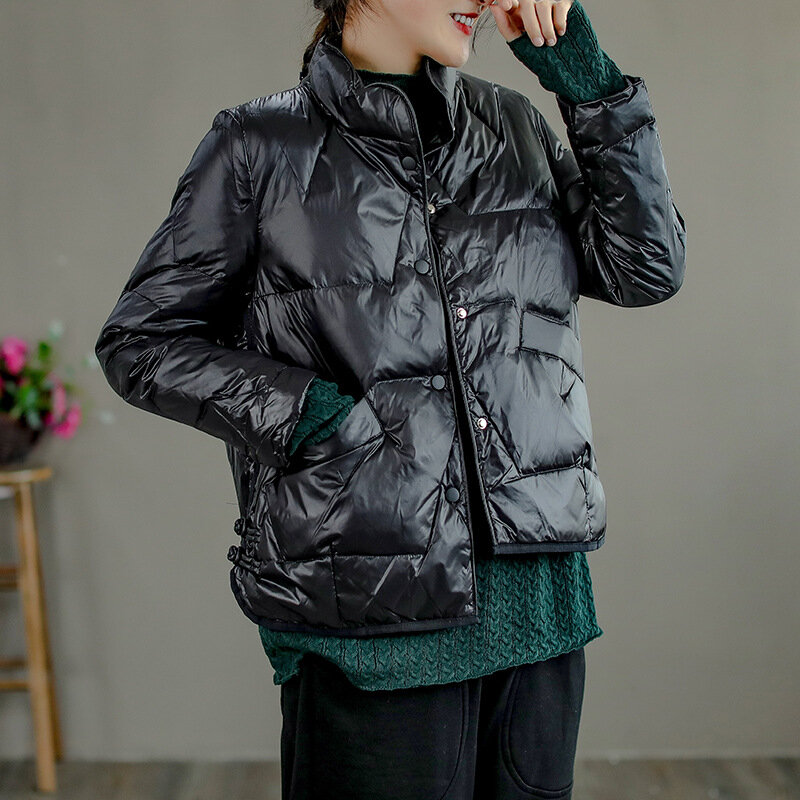 여성용 빈티지 개구리 오버사이즈 다운 재킷, 따뜻한 라이트 화이트 덕 다운 코트, 레이디 싱글 브레스트 퍼퍼 파카 아웃웨어, 가을 겨울