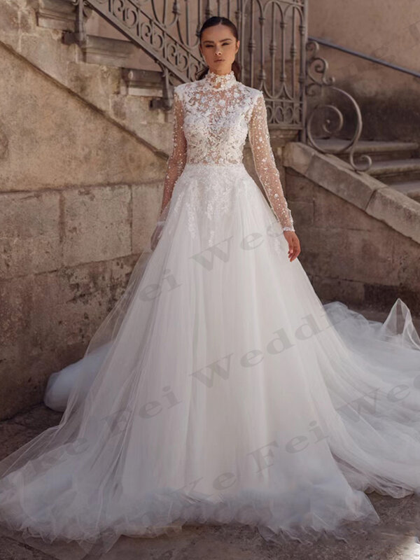 Винтажное женское свадебное платье с длинным рукавом, элегантное кружевное свадебное платье принцессы с высоким воротником, тонкий песок, официальное пляжное платье