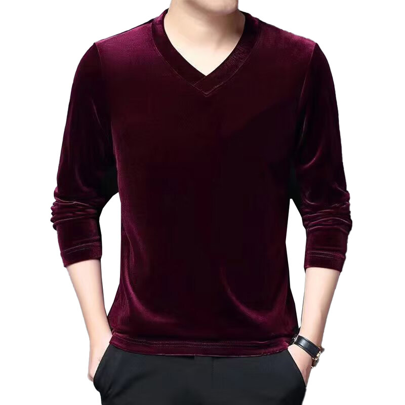 Kaus Dalaman pria Korea, atasan blus Jumper lengan panjang, leher V, Beludru, tebal, kasual, hangat, musim gugur dan dingin
