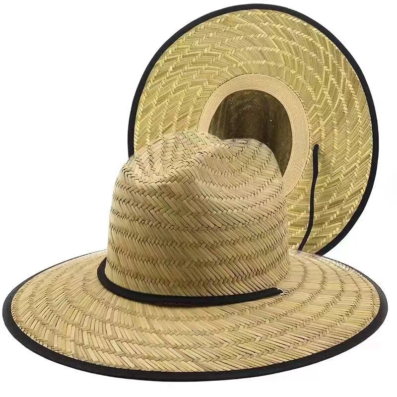 Topi jerami lebar pinggiran lebar pria, topi pelindung hidup musim panas hitam sisi luar ruangan, topi Panama