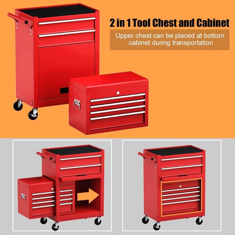 Rolling Toolbox, 6-Drawer Toolboxes W/Auto Locking System & Lockable Wheels & Sliding Drawers & Detachable Top, Toolbox