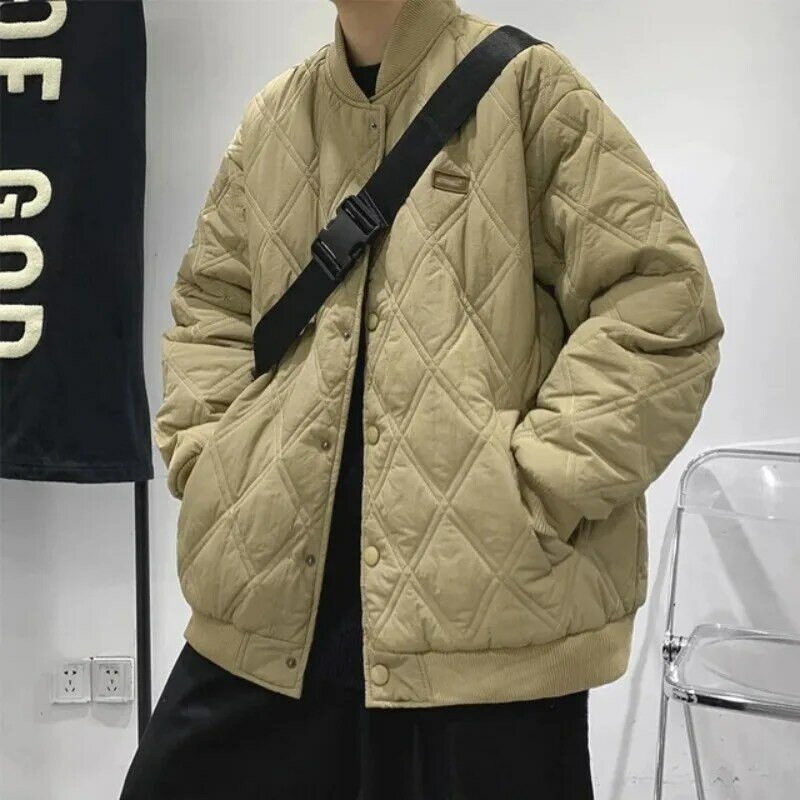 Зимняя утепленная куртка для мужчин и женщин, теплые однотонные куртки с хлопковой подкладкой и ромбовидной сеткой, Корейская Повседневная бейсбольная верхняя одежда, свободная Новинка