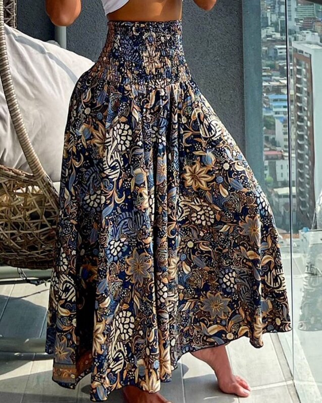 FJFOR-Pantalon vintage pour femme, style bohème, plissé, imprimé floral, froncé, élastique, taille haute, jambes larges, printemps 2024