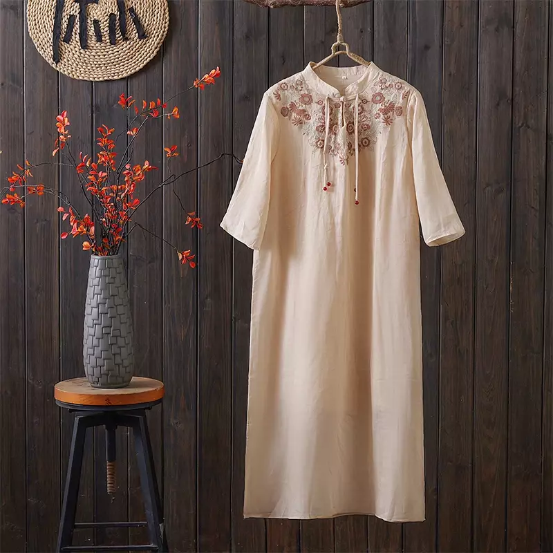 Vestidos bordados de estilo chino para mujer, ropa holgada Vintage de algodón y lino de manga corta para verano