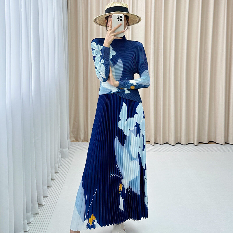 Conjunto de moda feminina Miyake, estampado na moda, top plissado de alta qualidade, meia saia, primavera e outono 2024
