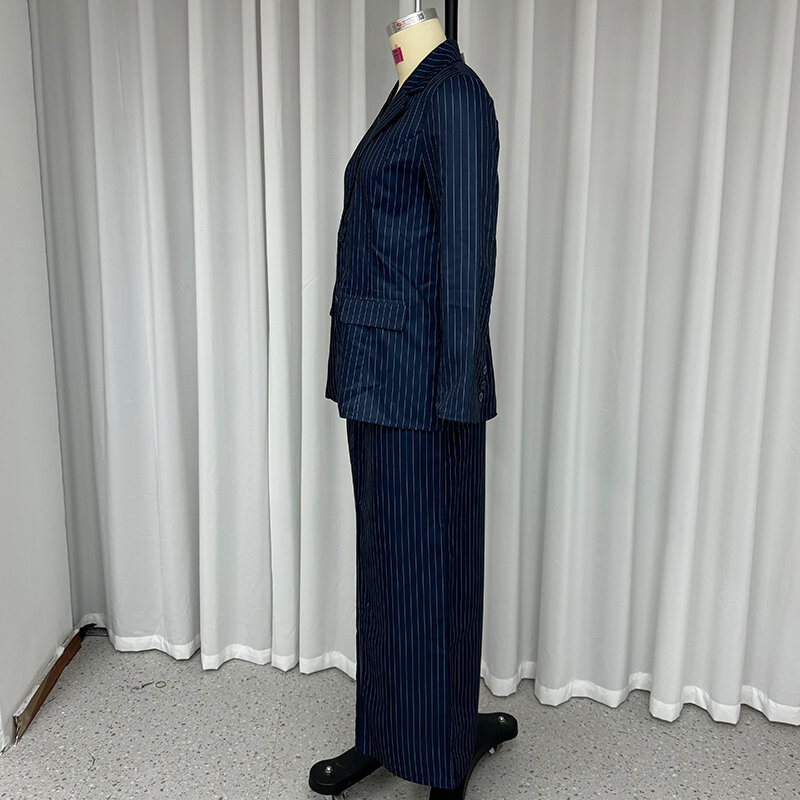 LIYONG-Conjunto de 2 piezas para mujer, traje de manga larga con solapa y doble botón, Blazer estampado a rayas, Top y falda recta, ropa de calle para otoño