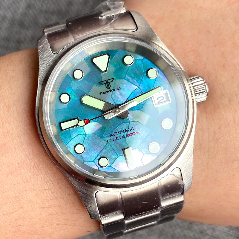Tandorio-Reloj de pulsera mecánico NH35, pulsera cepillada con esfera de fregona, cristal de zafiro, fecha verde, 36mm