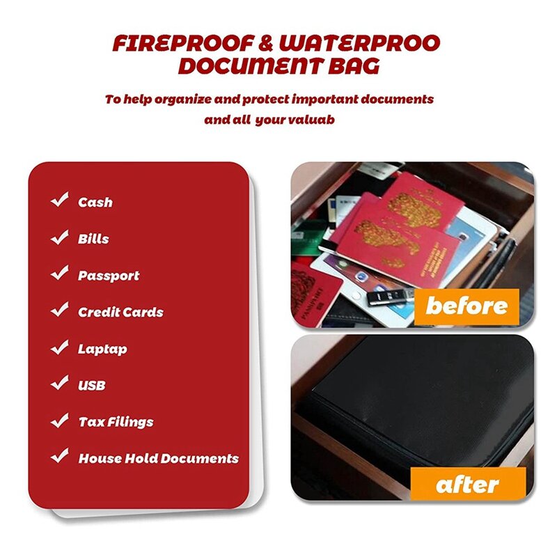 Tas Organizer File tahan api, kotak dokumen tahan api dan tahan air dengan tas uang, tas aman tahan api dengan kunci