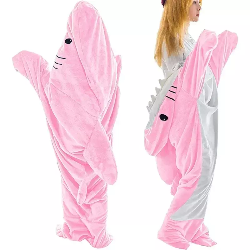 Pijama de tiburón de dibujos animados para adultos, ropa de casa cómoda, saco de dormir de franela suave con capucha, mono de ajuste suelto, regalos de fiesta