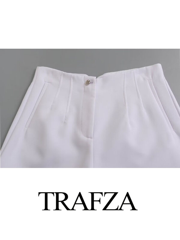 TRAFZA-Short Chic pour Femme, Pantalon Court Blanc, Taille Haute, Poche, Bouton Décoratif, Fermeture Éclair, Style High Street, Été