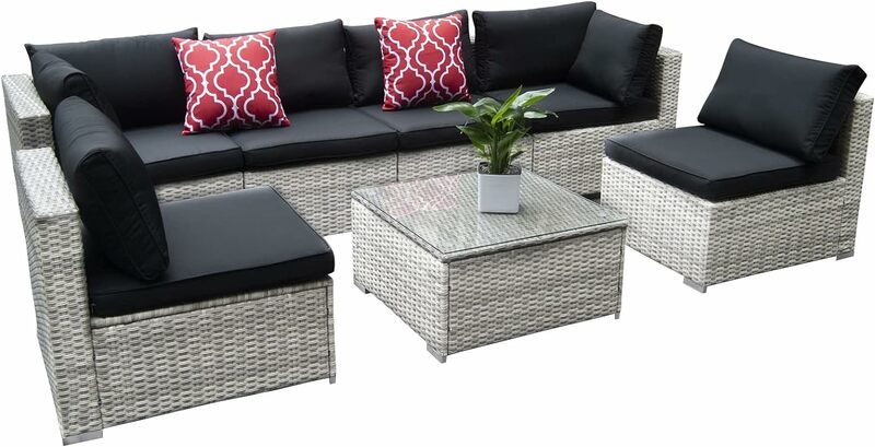 Outdoor Sofa Set PE Rattan Wicker Sectional Furniture  Couch w/Washable Seat Cushions & Modern Glass Coffee Table