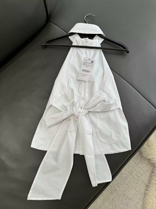 Женская новая модная однобортная рубашка без рукавов с подвесным воротником Женская рубашка в стиле ретро с открытой спиной и бантом шикарный топ