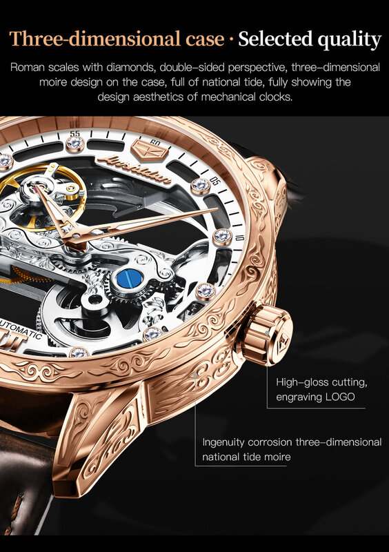 JSDUN jam tangan Mekanikal otomatis untuk pria, arloji 8917 desain Skeleton tembus pandang kulit pria tahan air kaca safir
