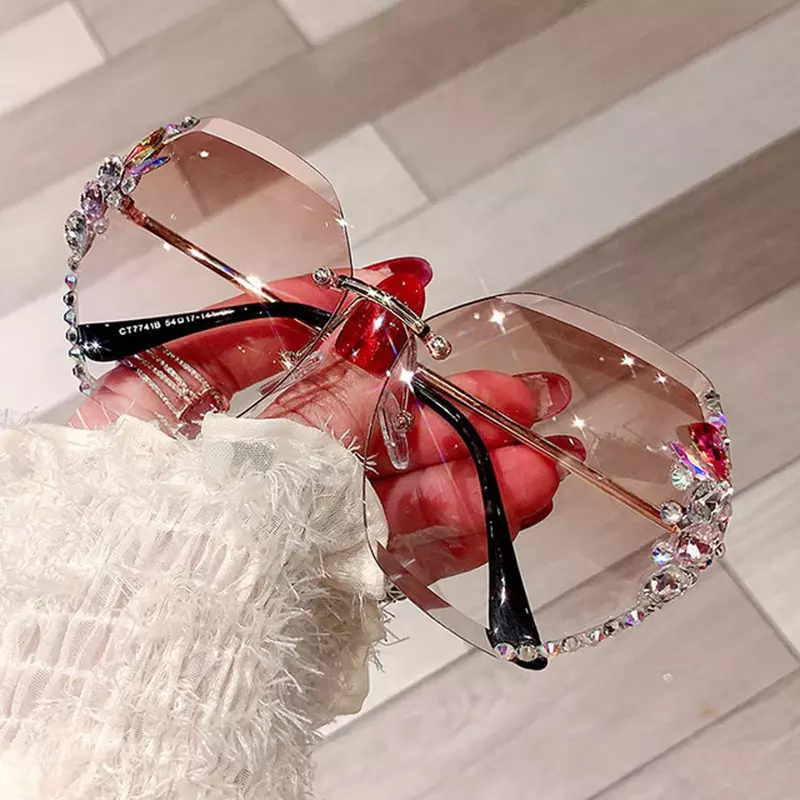 2024 Luxury Brand Design Vintage Rimless Rhinestone Sunglasses Women Men Fashion Gradient Lens Sun Glasses Shades for Female