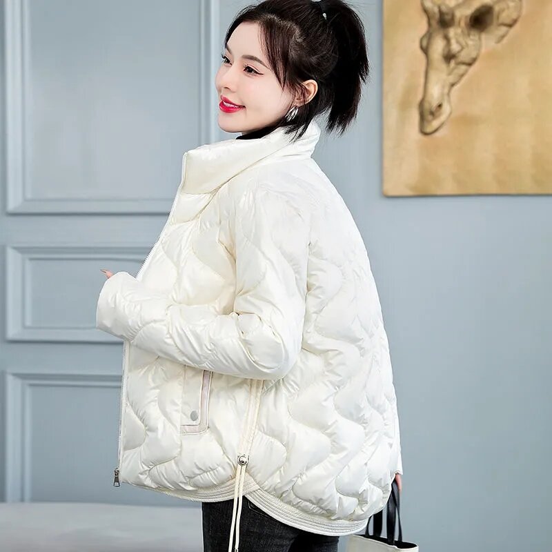 Shiny Wash-Free Outerwear Women's 2022 Autumn And Winter New Cotton Coat Korean Version Thickened Loose Stand Collar Jackets