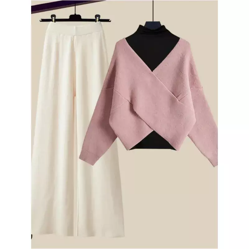Conjunto de malha de três peças para mulheres, suéter elegante com decote em v, top básico, calças de malha larga para senhoras, outono e inverno, N557