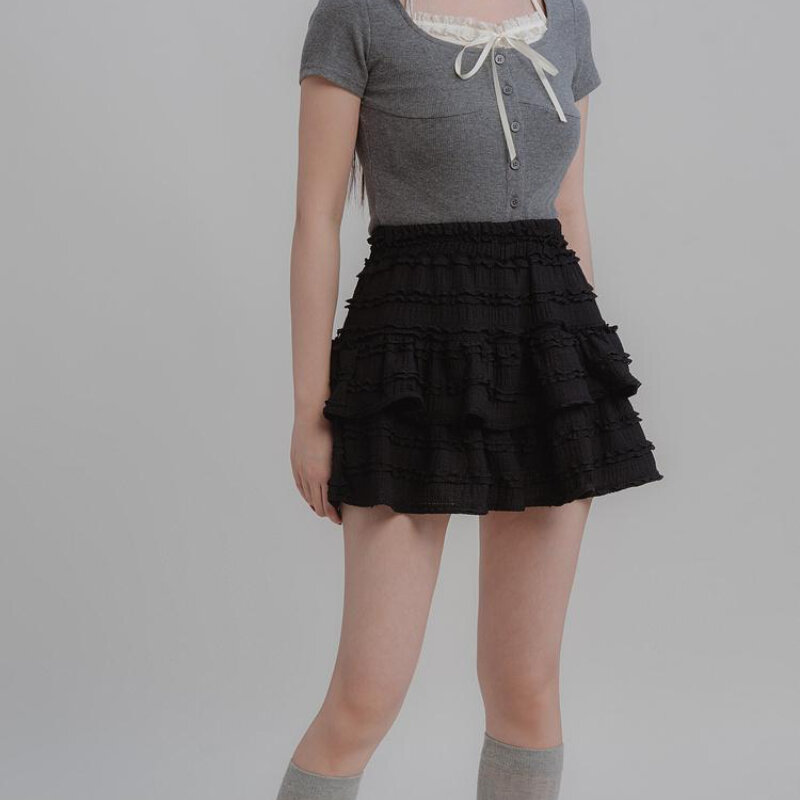 Deeptown-Mini-saia feminina com babados Fairycore, saias curtas de renda, saia em camadas, patchwork, doce moda coreana, elegante, branco