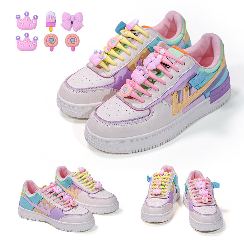 18 buah tali sepatu DIY warna-warni tanpa tali elastis tali mode aksesori sepatu silikon kartun dekorasi sneakers gesper sepatu