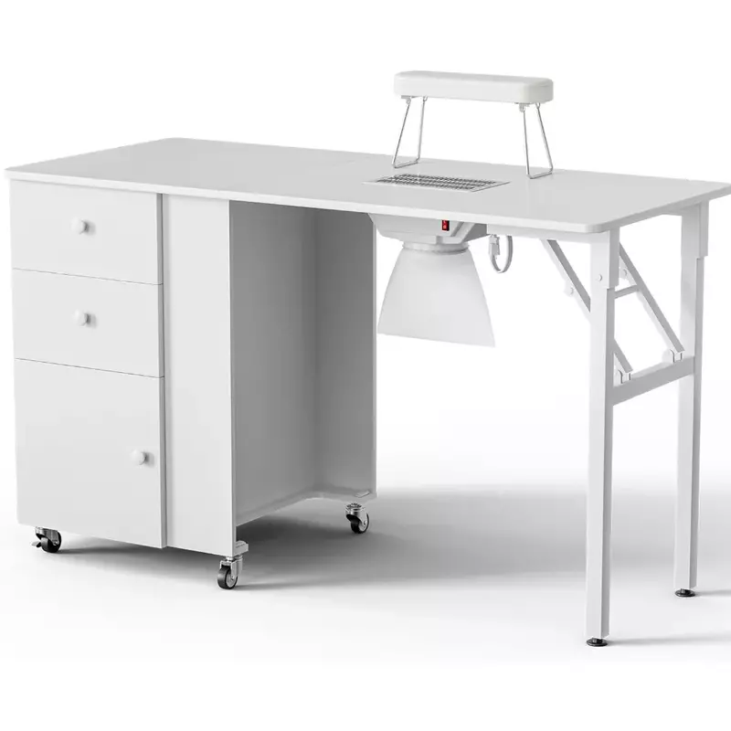 Foldable Manicure Table Nail Desk, Foldable Rolling Nail Table Station with Built-in Dust Collector, Adjustable Length