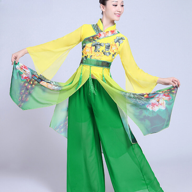 Costumi di danza classica Hanfu in stile cinese femminile elegante Fan Dance Yangko abbigliamento abiti Performance Costume da ballo quadrato