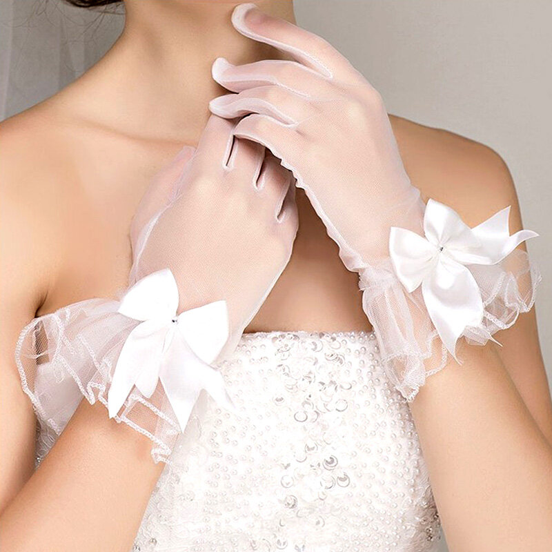 Sarung tangan jala renda pita putih untuk Aksesori gaun pengantin sarung tangan Cosplay pesta pernikahan wanita elegan