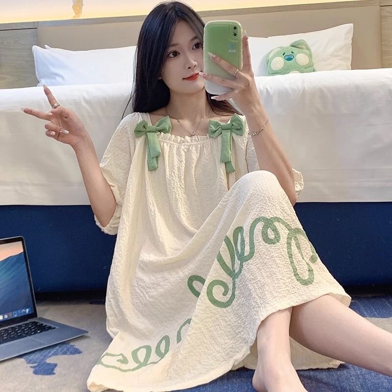 Nightdress Summer lady woven cotton sweet lovely princess style short sleeve pajamas summer lady  Spring and summer loungewear