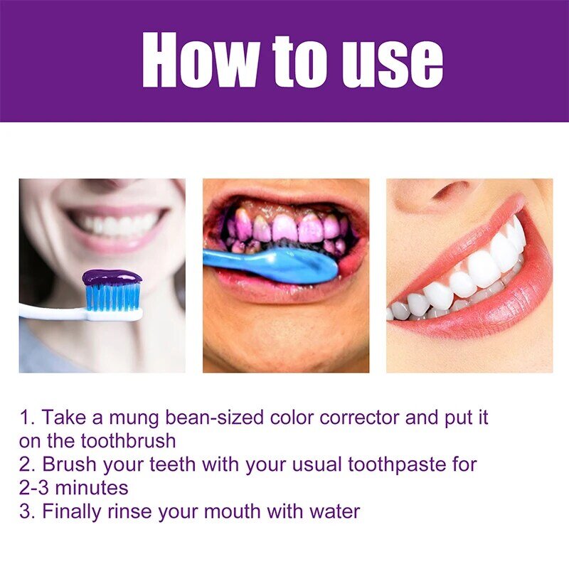 Pasta gigi pemutih ungu 30ml menghilangkan noda mengurangi perawatan kuning untuk gigi gusi segar mencerahkan gigi