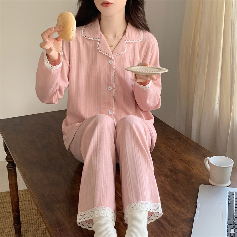 Spring Autumn Women's Thin Cotton Pajamas Long Sleeve Cardigan Pants Oversized Home Clothing Set Sweet Cute Girl Sleepwear