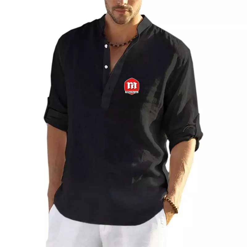 2023 New Mens Montesa Motorcycle Cotton Casual Linen Shirt Loose Long Sleeve Shirts Spring Breathable Clothing Tops