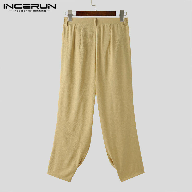 INCERUN Men Pants Solid Color Pleated Joggers Loose Pockets Casual Trousers Men Streetwear 2024 Fashion Leisure Long Pants S-5XL