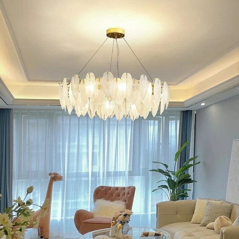 Candelabros LED nórdicos para sala de estar, comedor, dormitorio, cocina, gafas, candelabros de plumas, decoración artística dorada de lujo, lámpara colgante