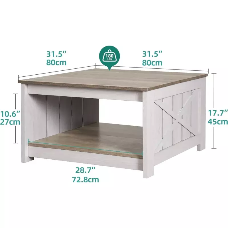 Coffee table with lockers, square wooden modern rustic, farmhouse grey wash coffee table with semi-open storage bins