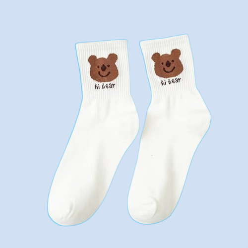 5 Pairs Little Bear Socks for Women Cute Cartoon Internet Celebrity Long Socks Autumn and Winter White Breathable Socks