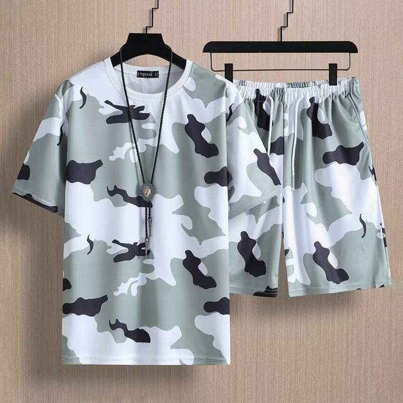 Jogging Suit with Pockets Men Sportswear Outfit Camouflage Print Men's Sportswear Set with O-neck T-shirt Drawstring for Active